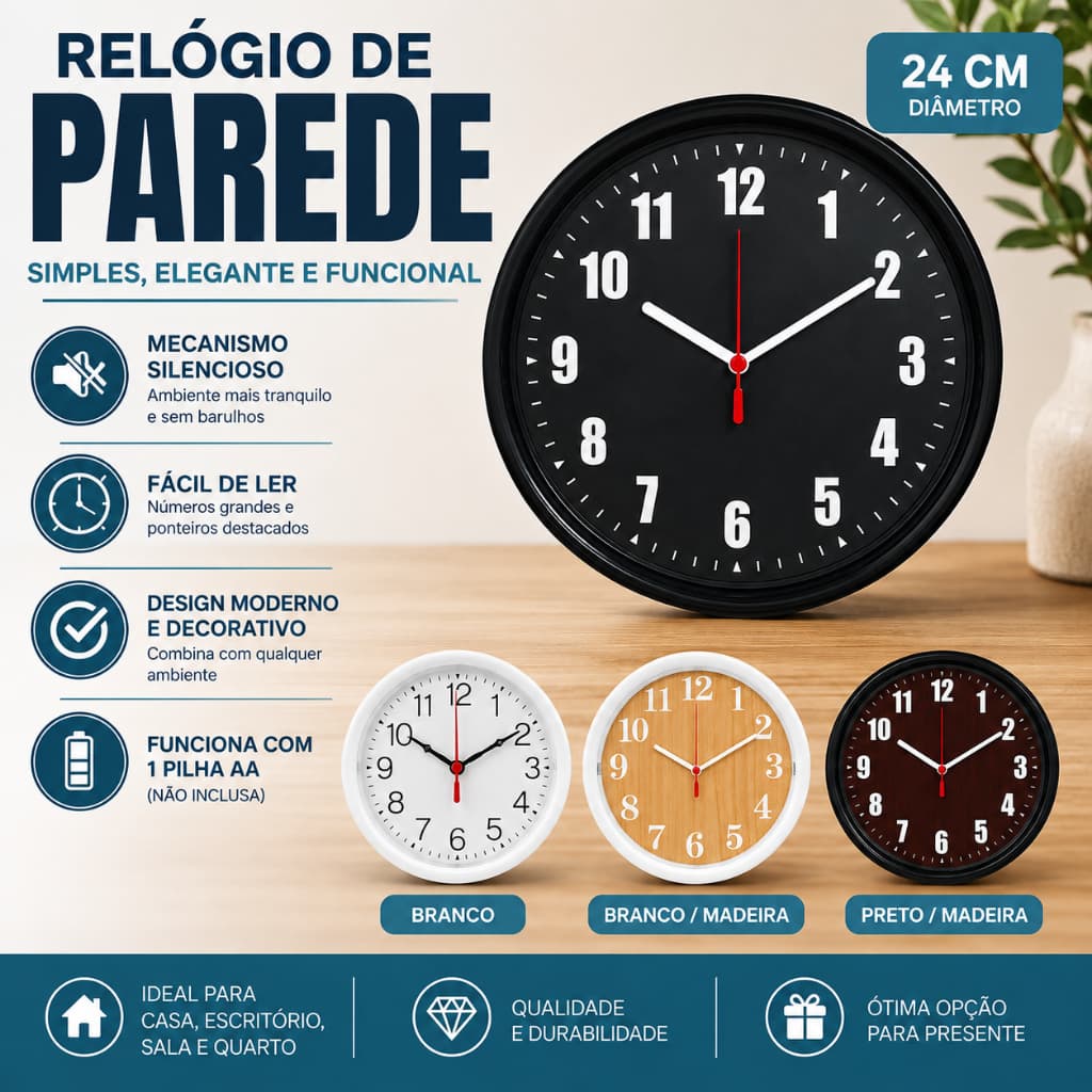 Relógio de Parede 24cm Analógico Decorativo Números Grandes