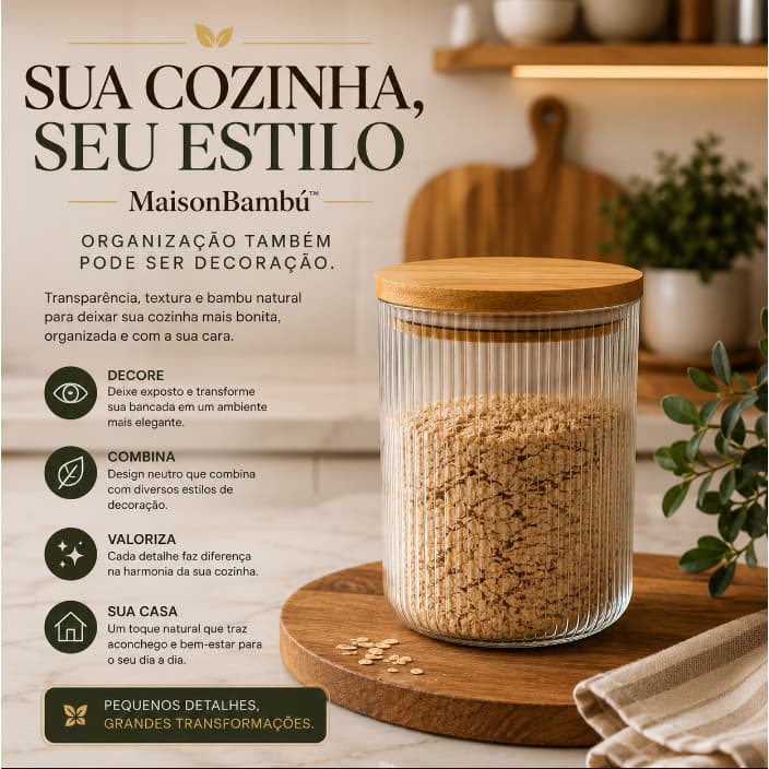 MaisonBambu - Pote Vidro Borossilicato Tampa Bambu Armazenamento Hermetico 700ml