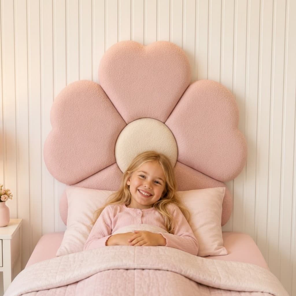 Cabeceira Solteiro Menina Infantil Flor Estofada Para Cama Box Solteiro Bouclê Rosa e Creme | 92x92cm - Cabeceira Clean