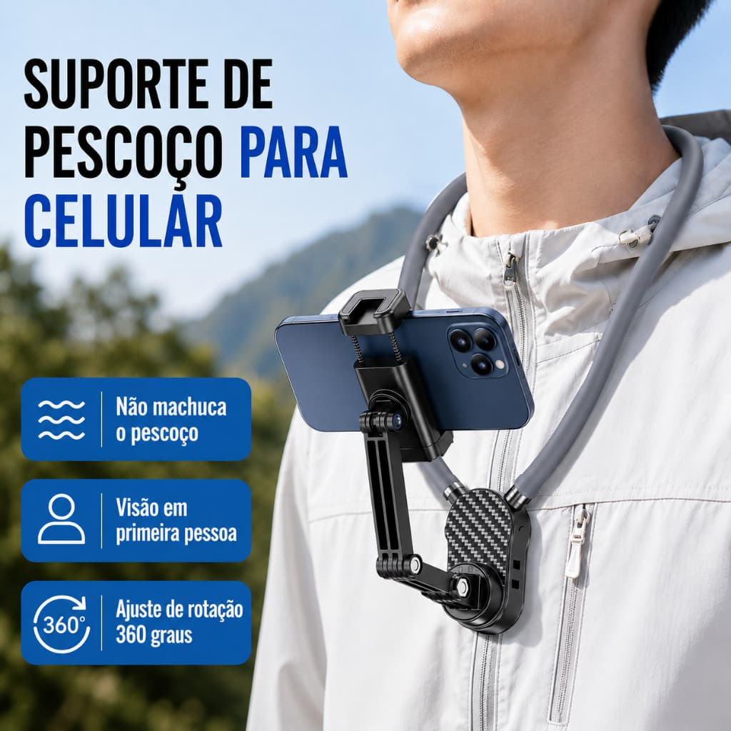 Suporte de Pescoço para Celular e Câmera de Ação 360° Ajustável Mãos Livres para Gravação POV Vlog Esportes