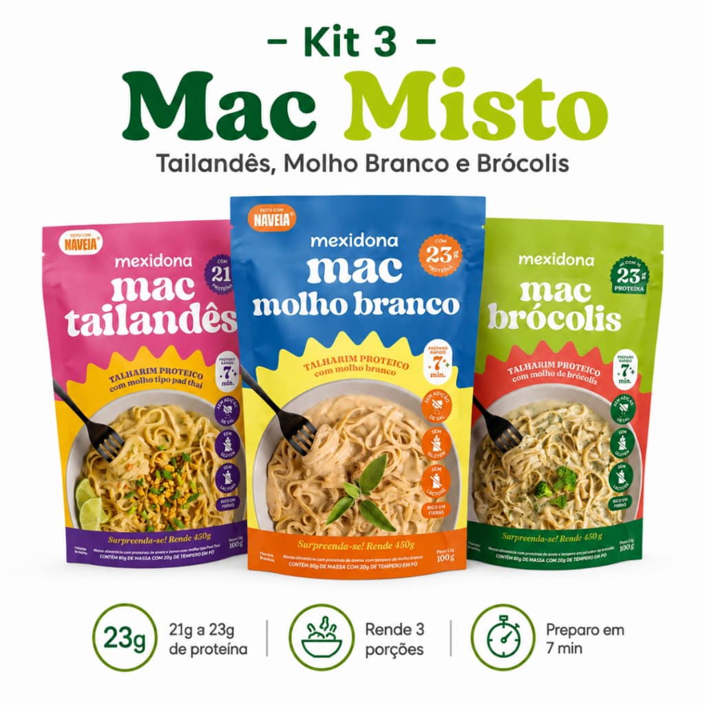 Mexidona Kit Mac Tailandês + Mac Brócolis + Mac Molho Branco Proteico 100g Vegano S/Glutem S/Lactose