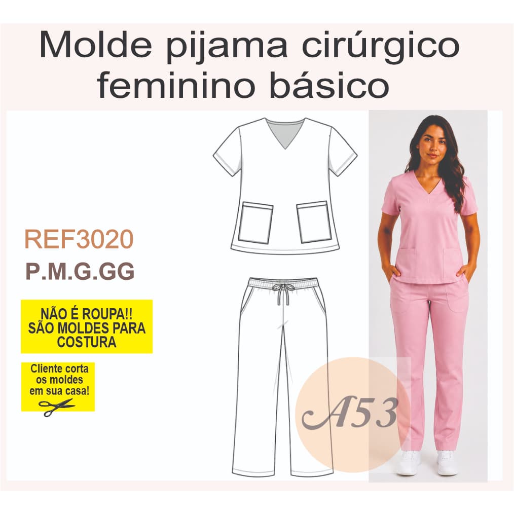 REF3020 Molde Pijama Cirúrgico Feminino básico Multitamanhos P ao GG Impresso em Papel