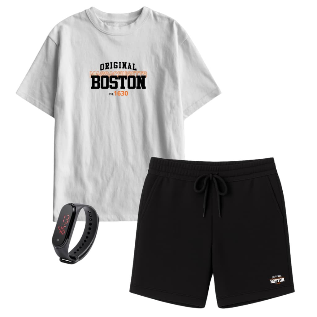 Kit Camiseta + Short Moletinho Infantil Cidade Boston + Brinde Relógio Digital