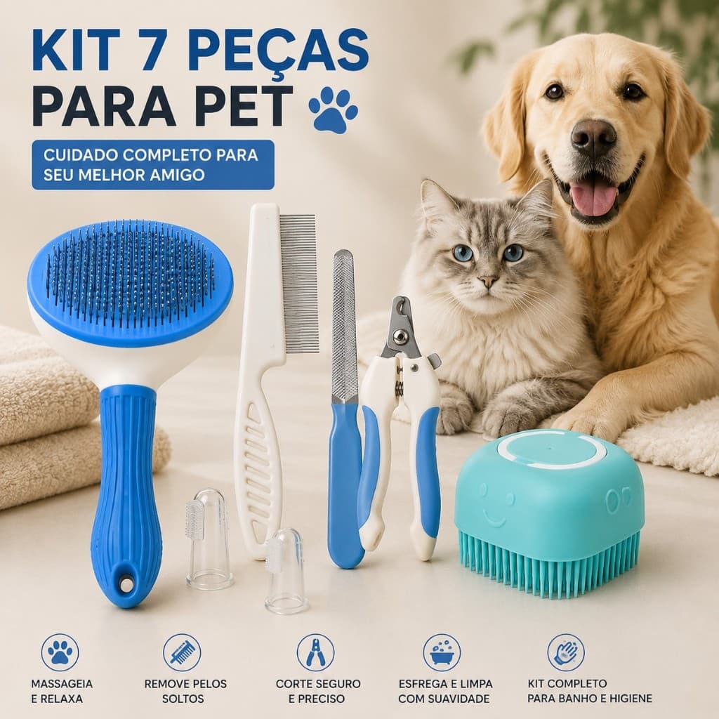 Kit Pet 7 Peças para Cães e Gatos com Escova, Pente, Lixa, Cortador de Unhas, Escova Dental e de Banho