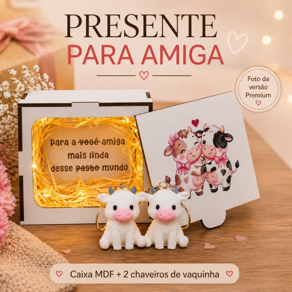Kit Presente para Amiga com 2 Chaveiros Vaquinha e Caixa MDF