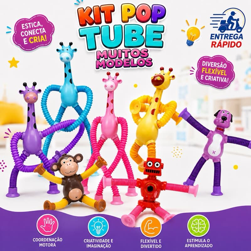 Brinquedo Pop Tube Girafa, Cachorro, Macaco, Robo COM LUZ e Ventosa