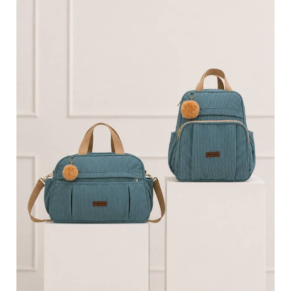 Kit Bolsa Maternidade Veludo Cotelê Bebê 3 peças Bolsa Grande Térmica, Mochila Térmica e Trocador