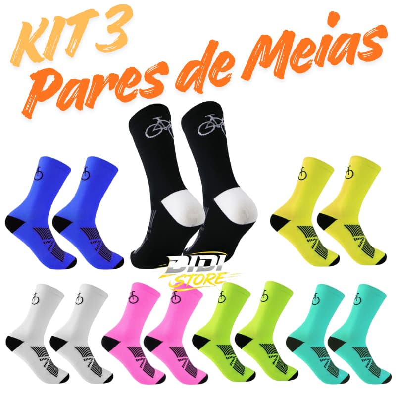 Kit 3 Pares de Meias de Ciclismo Compressão Cano Médio Bike Speed MTB Esportiva Academia Unissex