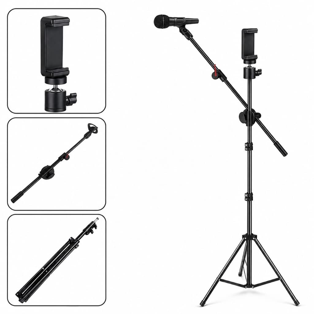 Pedestal Tripé Reforçado Para Microfone Com Suporte Celular Ajustável Profissional Para Live Gravação Vídeo Estúdio