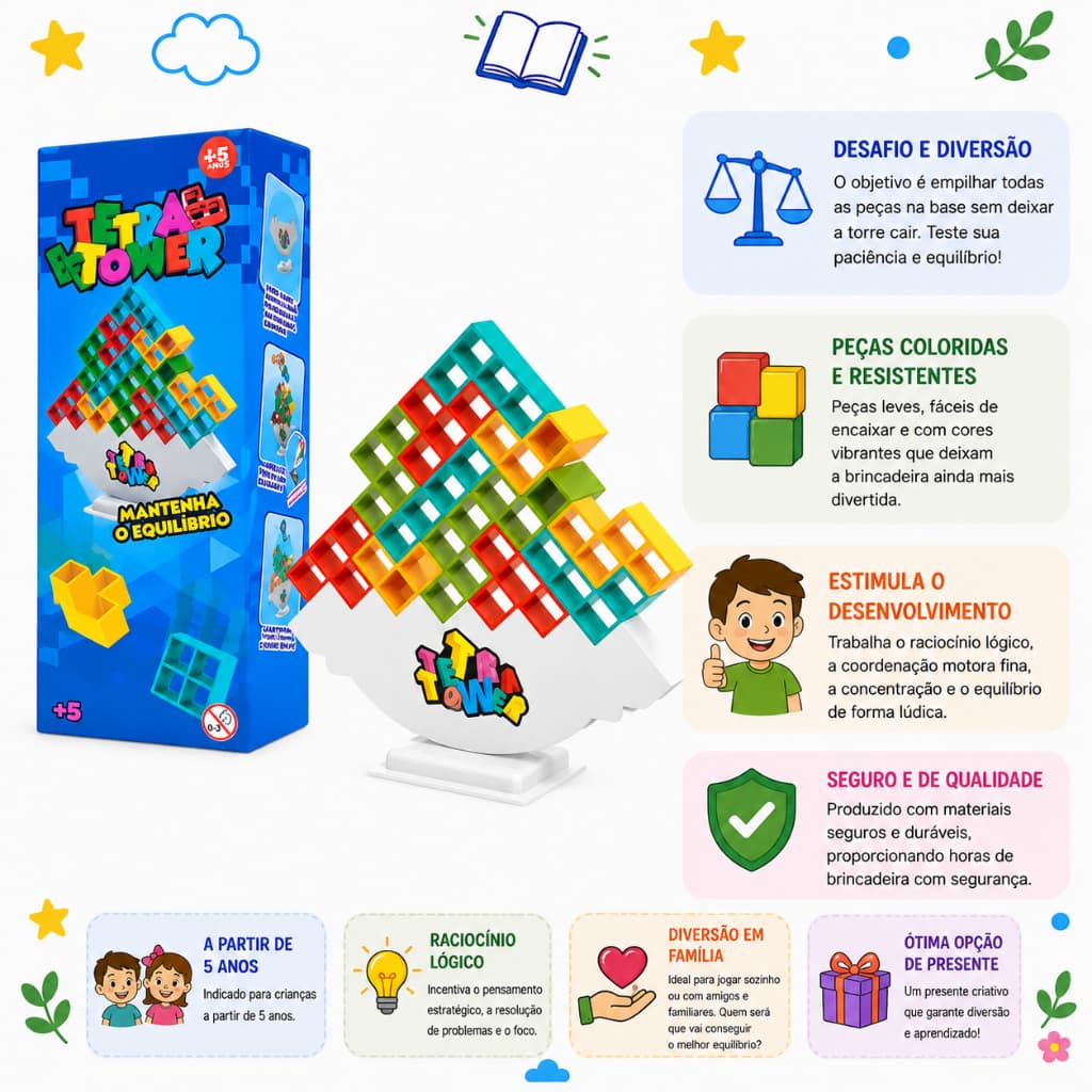 Torre Inteligente de Equilíbrio em Madeira | Brinquedo Educativo Pedagógico | Coordenação Motora