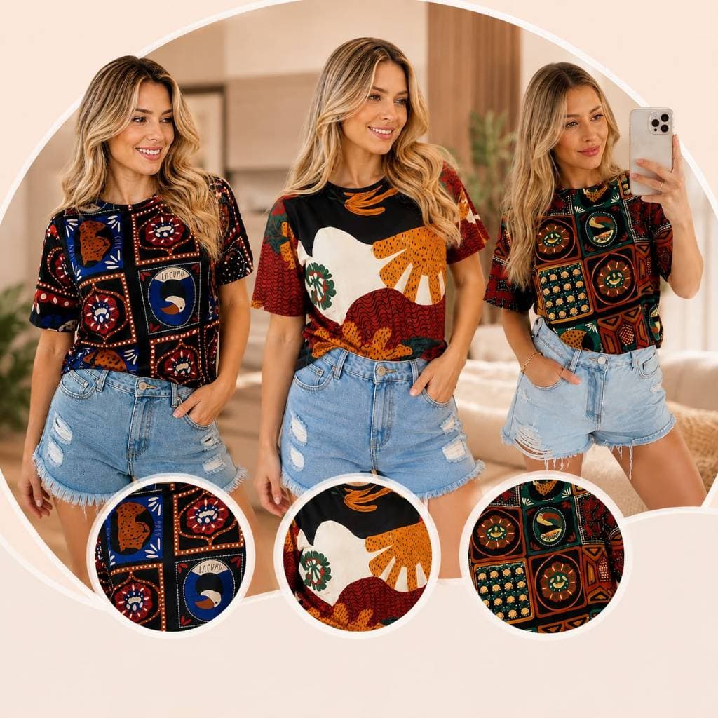 Kit 3 Camisas Femininas EstampadasBlusa na Malha Leve e Confortável Moda Tropical Exclusiva Casual