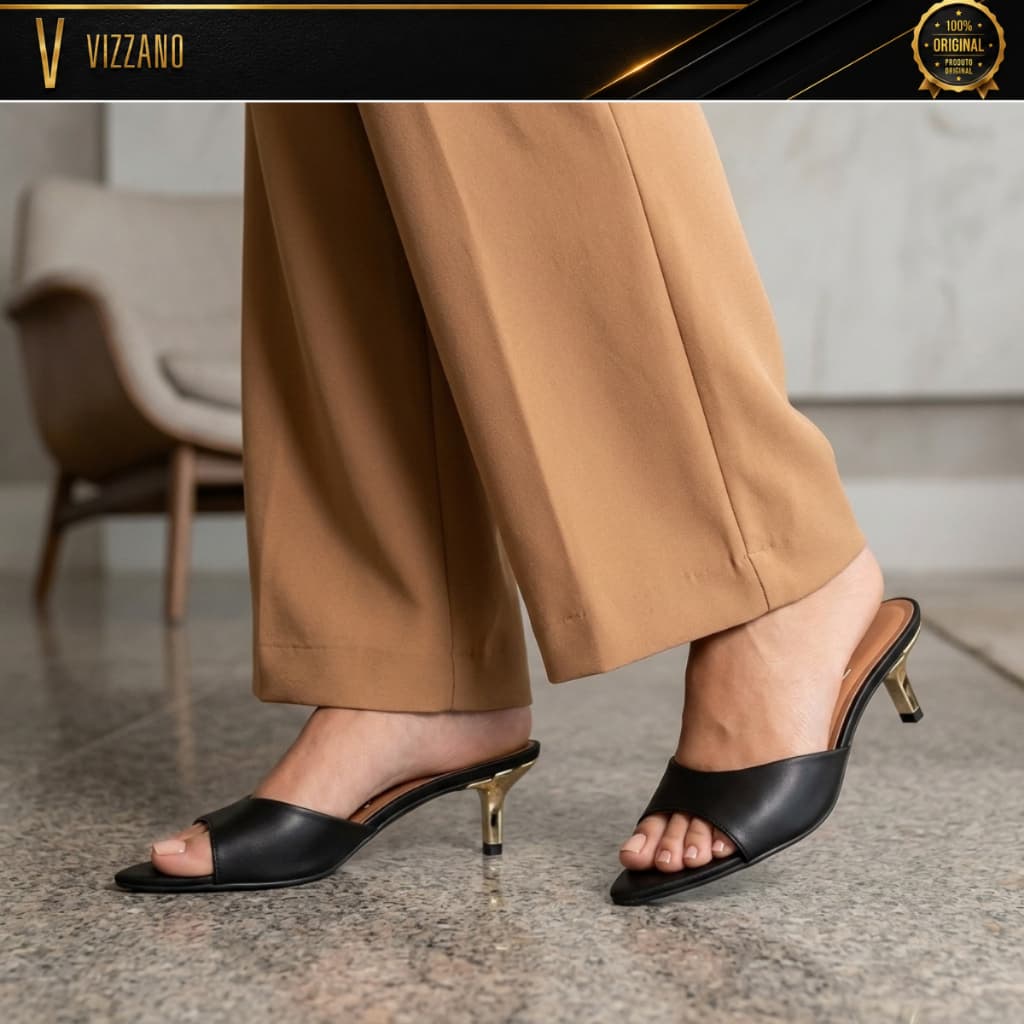 Tamanco Vizzano Feminino Bico Folha Mule Salto Baixo Salto Taça Detalhe Dourado Confortável Calce Fácil 6576301 Original