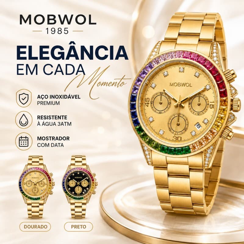 Relógio Masculino MOBWOL Luxo Cronógrafo Quartzo Aço Inoxidável Calendário Resistente à Água