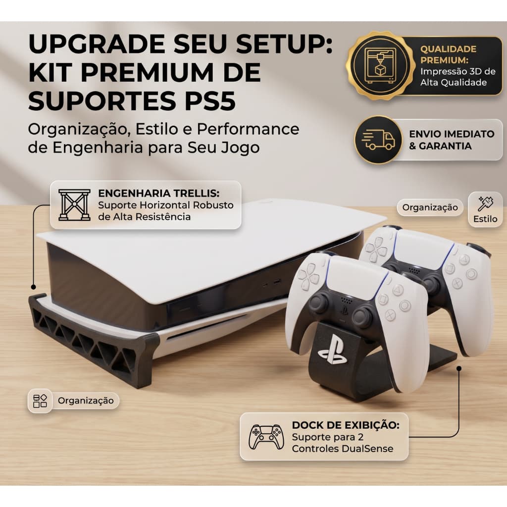 Kit Gamer Base Para Playstation 5 PS5 Slim Fat Pro e Suporte para Controle de Vídeo Game Universal