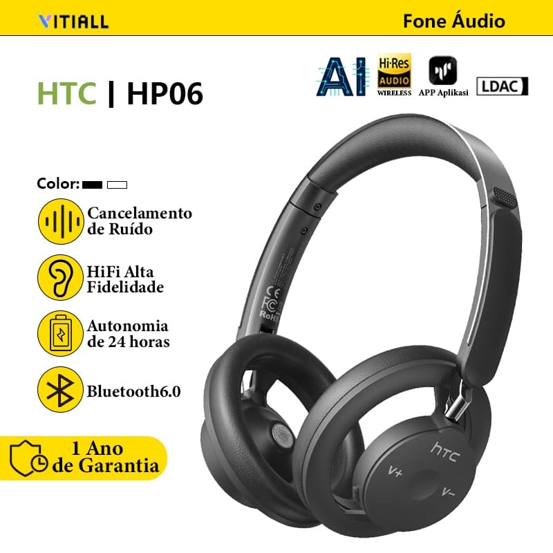 HTC HP06 Fone Bluetooth Headphone Sem Fio com Tradução por IA em 135 Idiomas, Bluetooth 6.0 e Som Imersivo