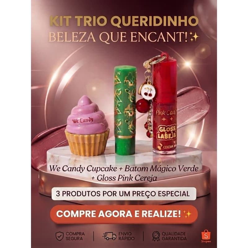 Batom Mágico 24 H + Gloss Pink Grape Chaveirinho + Balm We Candy