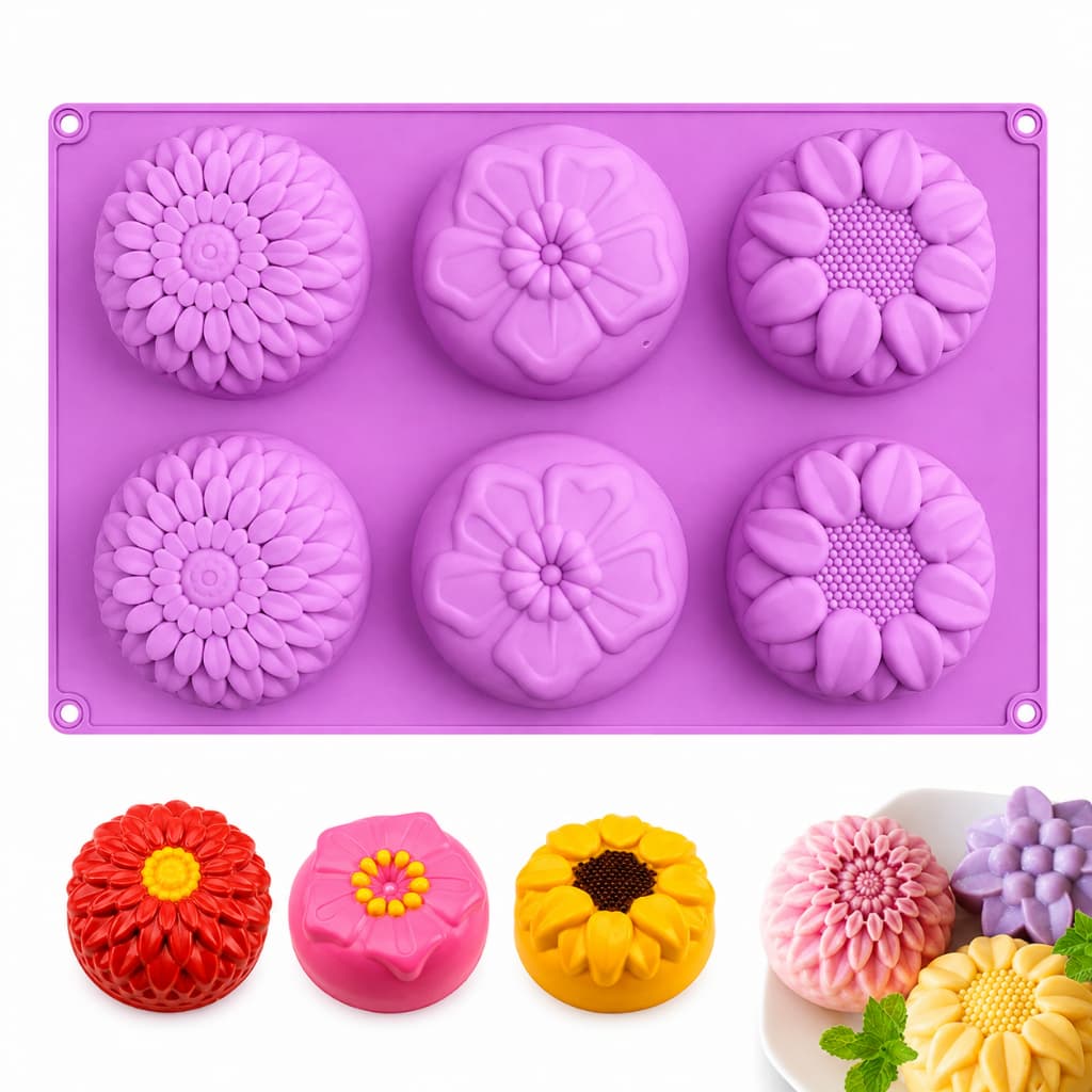 Molde Forma Silicone 6 Cavidades Flor para Sabonete Sabão Vela Artesanal Saboaria Antiaderente