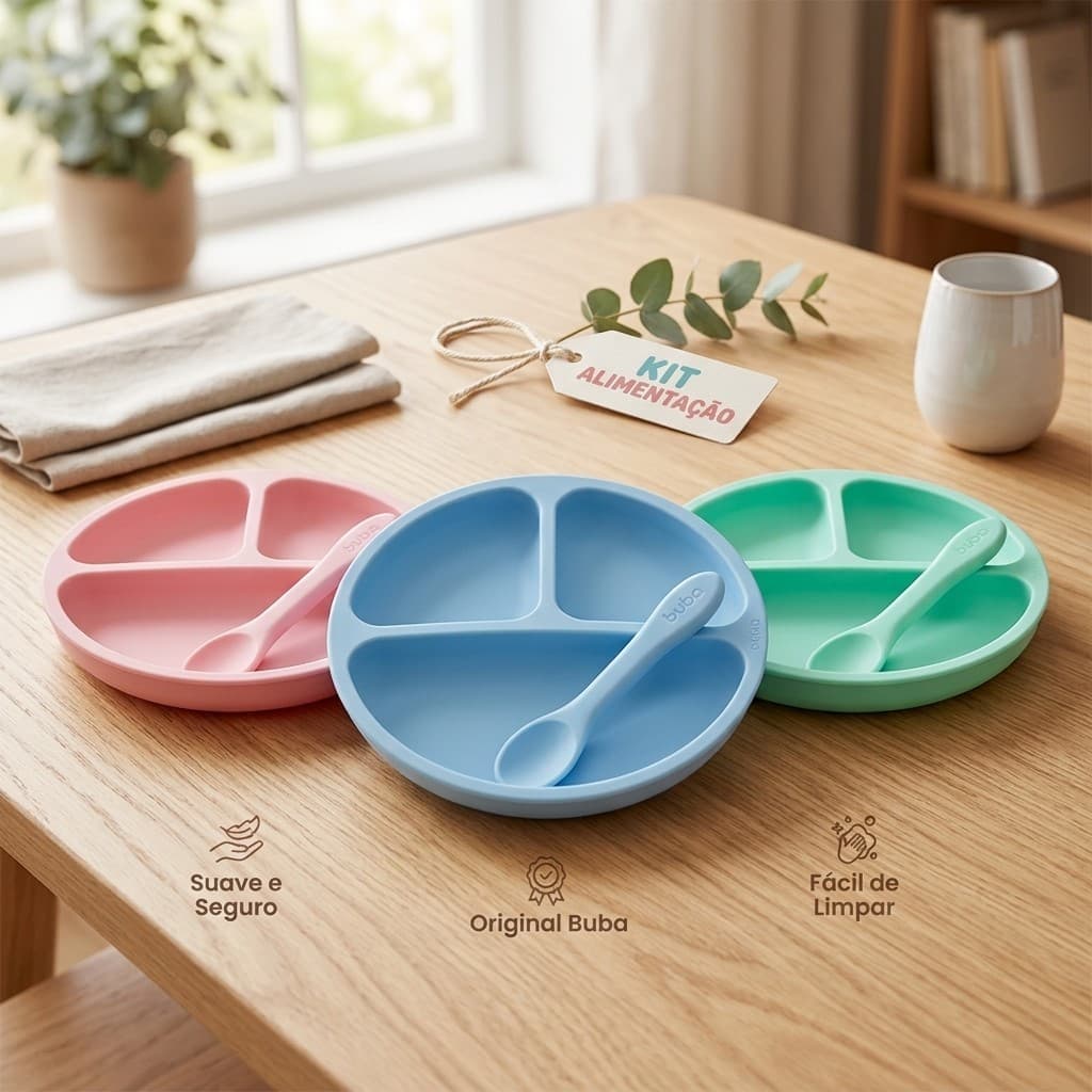 Kit Alimentação Bebê Buba em Silicone 02 Pçs – Prato Dividido + Colher | BLW | Livre de BPA