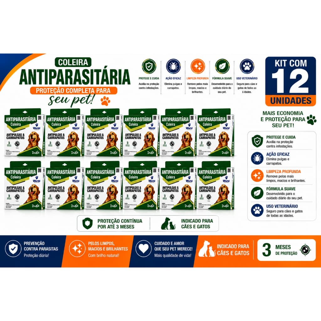 Kit 12 Coleiras Dugs Antipulgas e Carrapatos p/Cães 17g c/ 56cm- World Veterinária