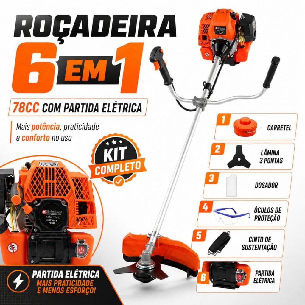 Roçadeira A Gasolina 78CC Com Partida Elétrica Corta Mato Alto Capim Pesado Lâmina 3p Carretel Cinto Envio Rápido
