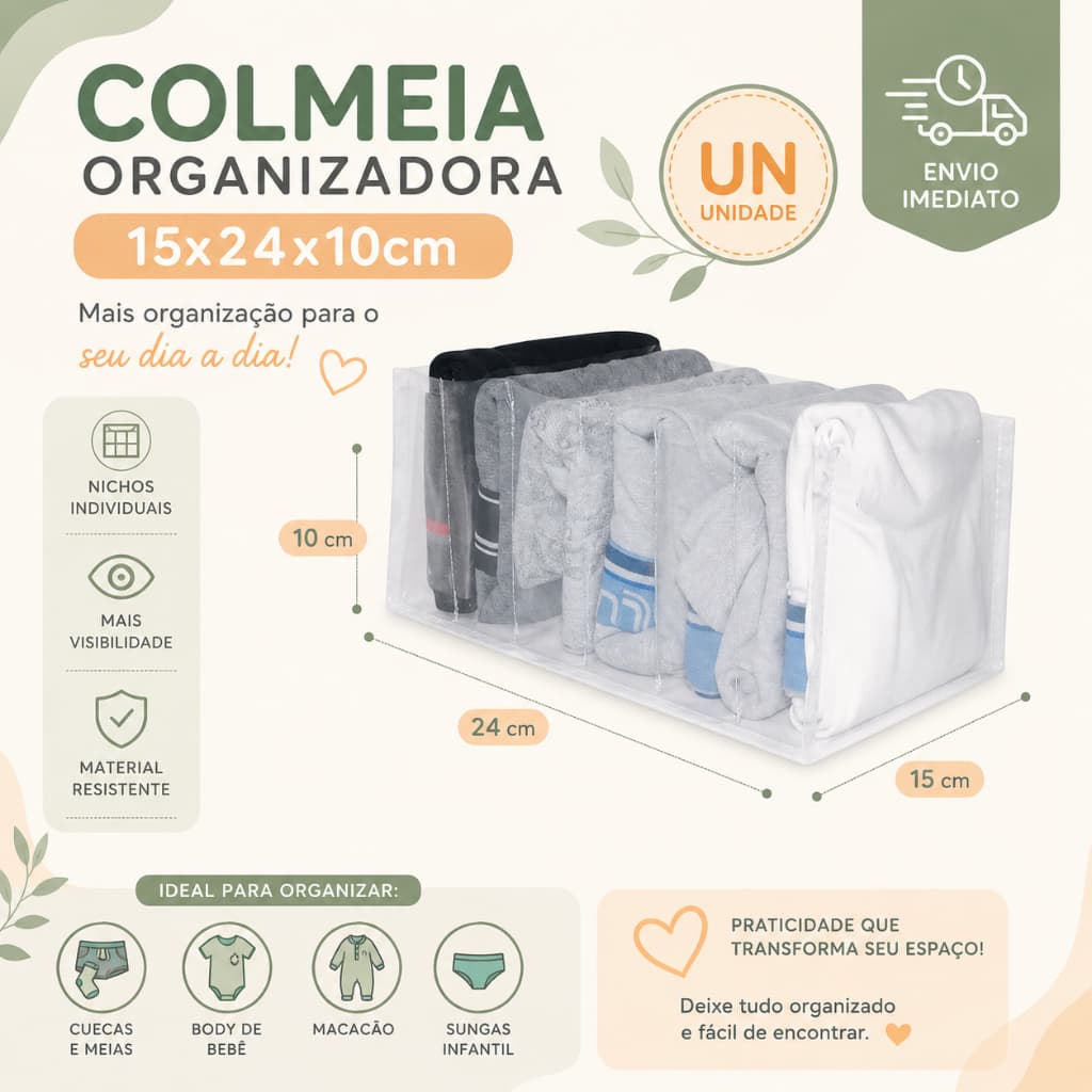 Organizador de Gaveta Colmeia 15x24x10cm para Cuecas Meias Body de Bebê e Sungas