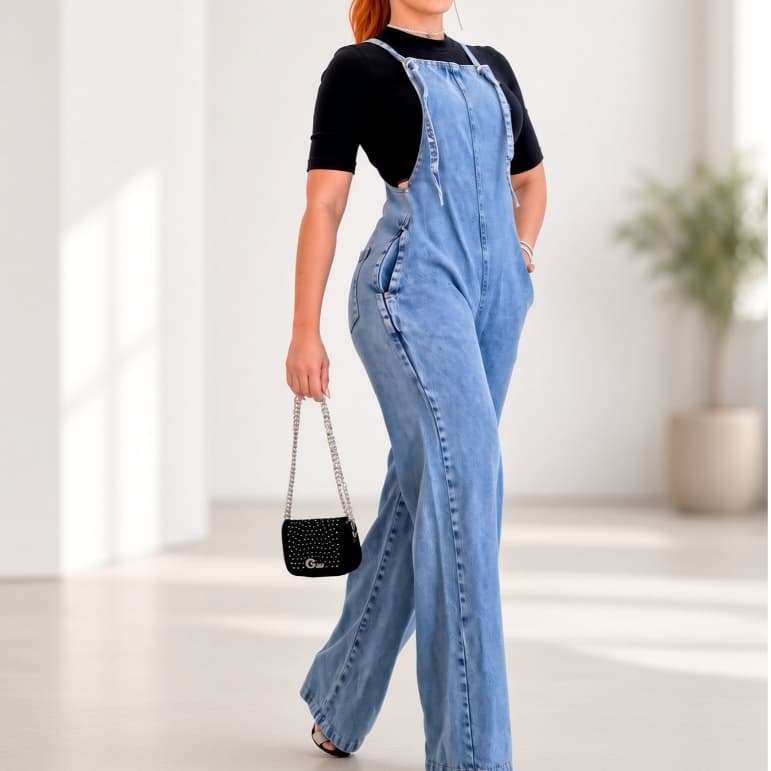 Macacão Feminino Jeans Wide Leg com Alças de Ombro Azul Longo Casual com Bolsos Moda Feminina