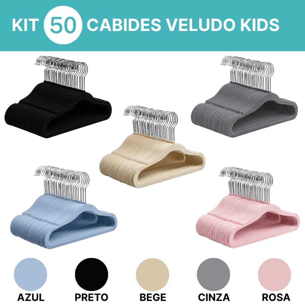 Kit 50 Cabides Veludo Infantil Para Roupas Antiderrapante Slim Ultriafino 30x18cm