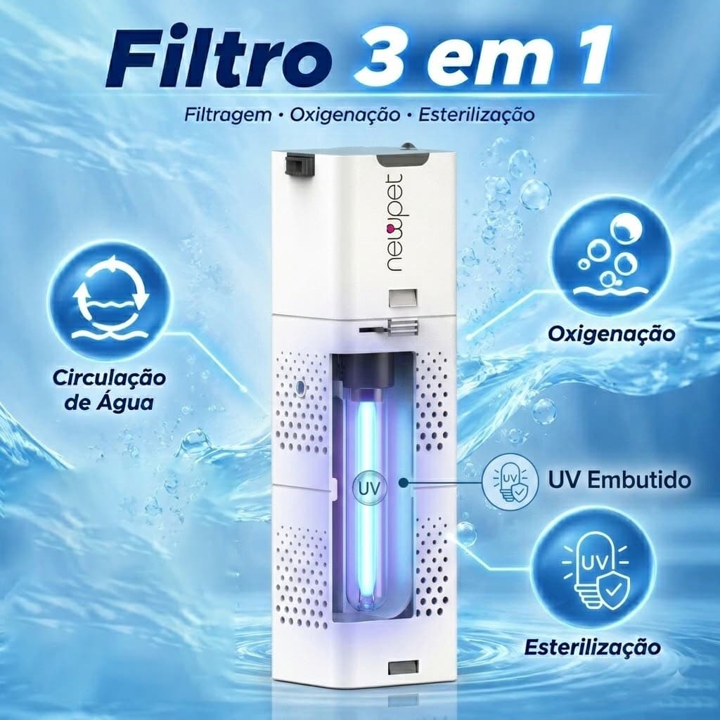Filtro Interno Submerso com UV Newpet 4 em 1 500L/H Combate Água Verde 60Hz