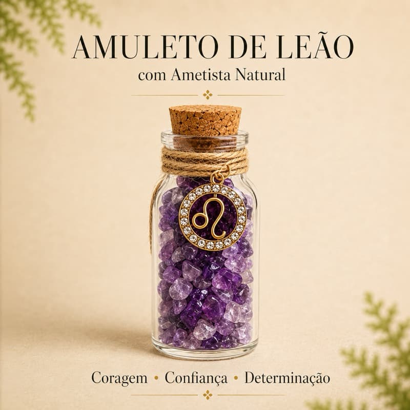 Amuleto Signo Leão Ametista Cristal Natural Pedra da Coragem Proteção Liderança Autoestima