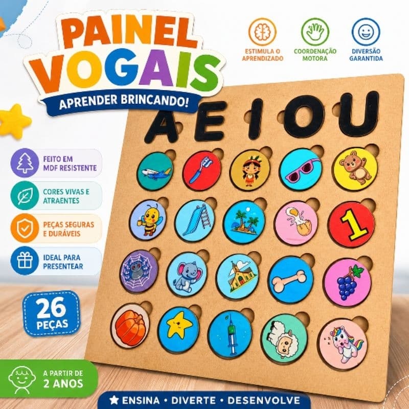 PAINEL ENCAIXE VOGAIS MDF AEIOU p/Alfabetização tabuleiro pedagógico