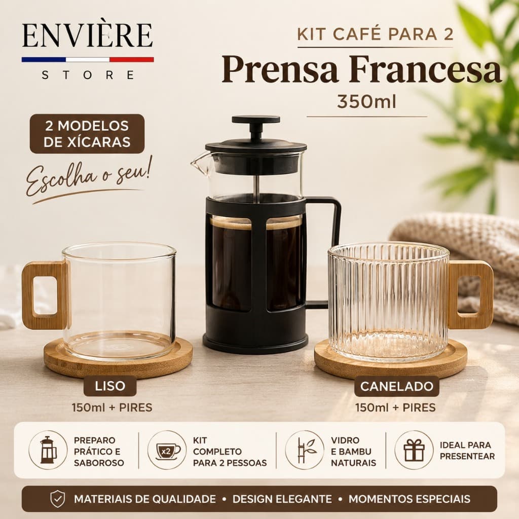 Kit Café Para 2 | Prensa Francesa 350ml com 2 Xícaras Vidro 150ml Lisa ou Canelada + Pires Bambu