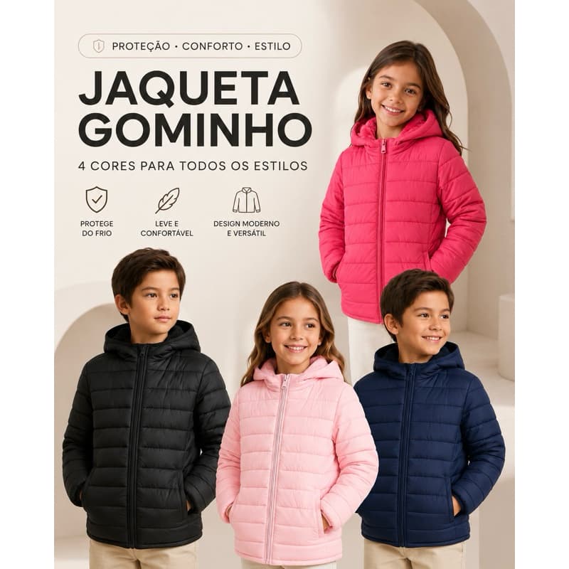 Jaqueta Gominho Infantil Puffer Inverno Pelinho Capuz