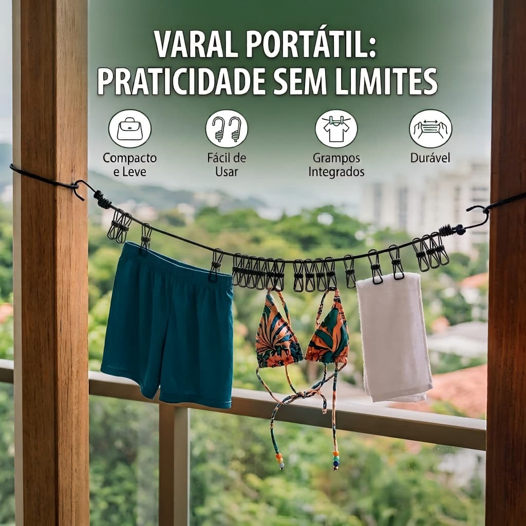 Varal Portátil Compacto 1,80m com 12 Pregadores para Apartamento Varanda e Viagem