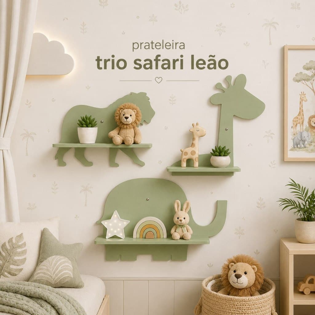 Trio de Prateleiras Safari Leão Infantil Decorativa MDF