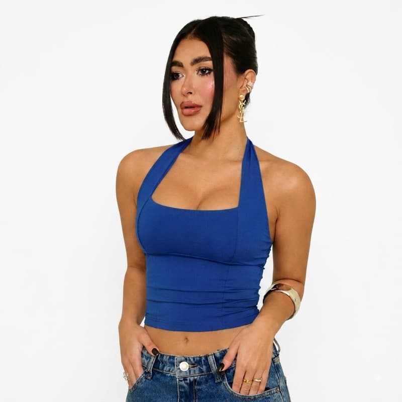 Cropped Halter Neck Regata Feminina Frente Unica Suplex Ajustado Efeito Silicone