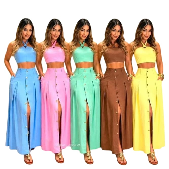 Conjunto Feminino Saia Longa + Cropped Tecido Sensorial Moda Feminina Tendência