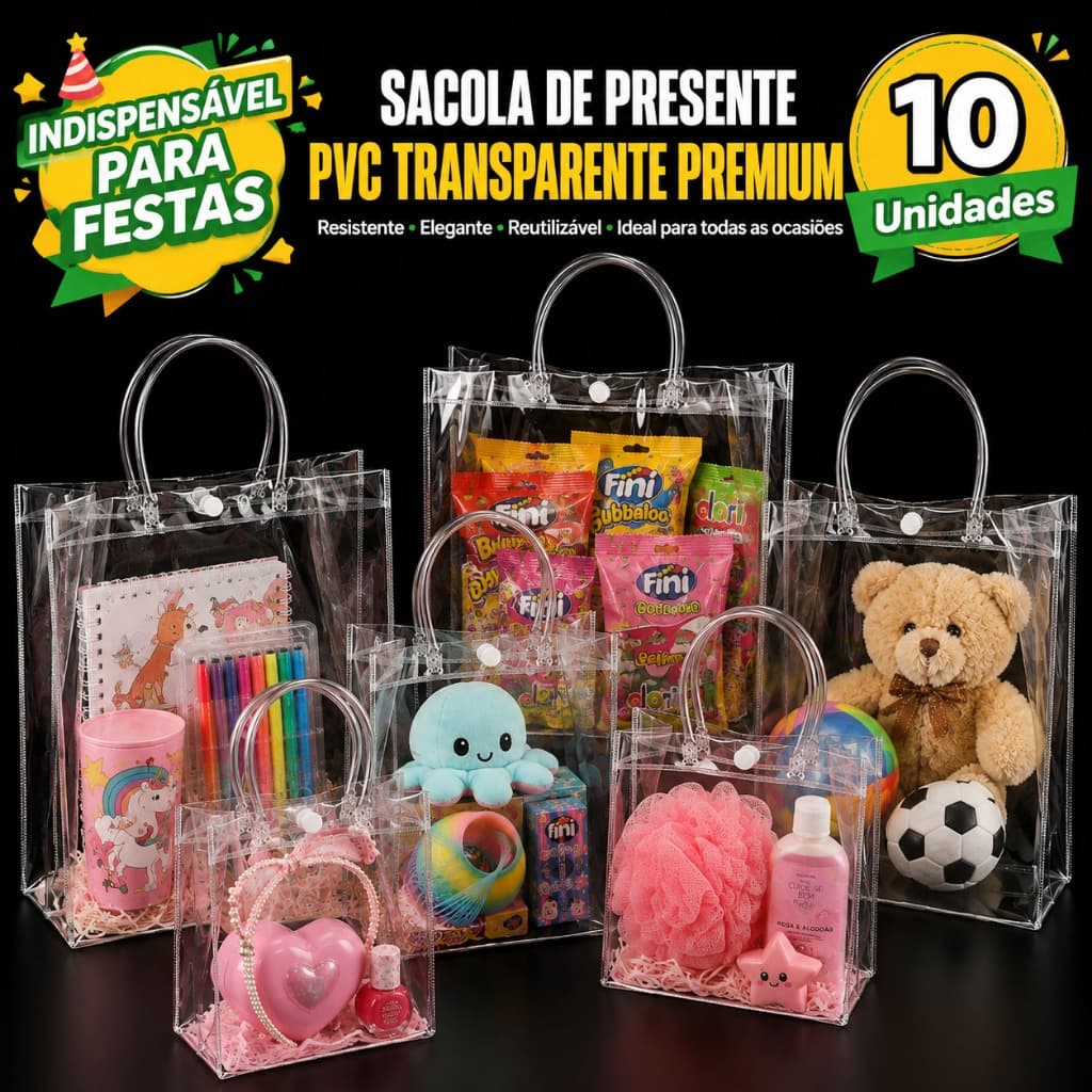 10 Unidades Sacola de Presente PVC Transparente com Alça para Festas Aniversário Lembrancinhas Batizado Natal