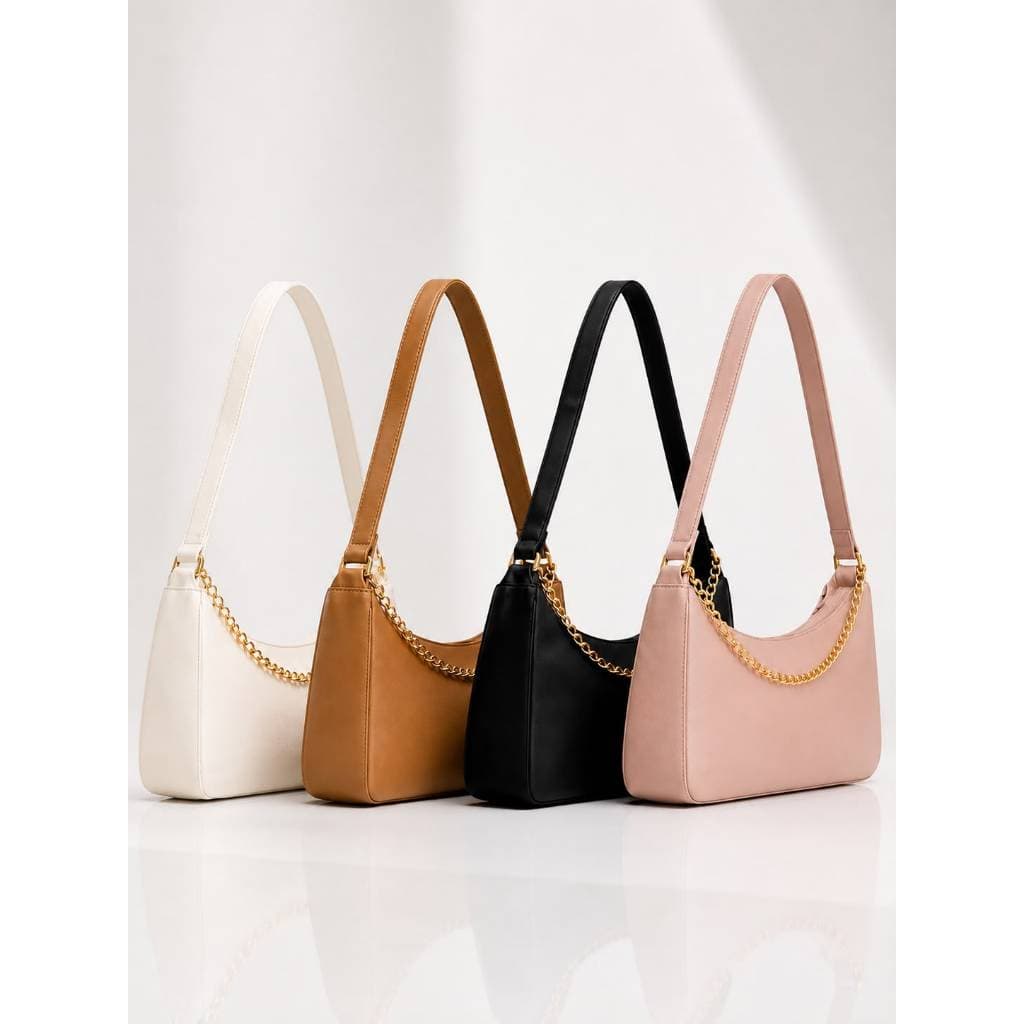 Bolsa Feminina  Baguete Pequena com Correntes de Ombro de de Mão de Lado Elegante Casual Festa Passeio