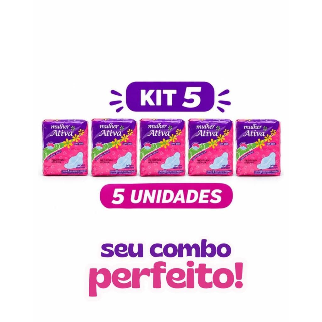 Kit 5 Absorventes Mulher Ativa com Abas Gel Super Seco Absorvente Higiênico