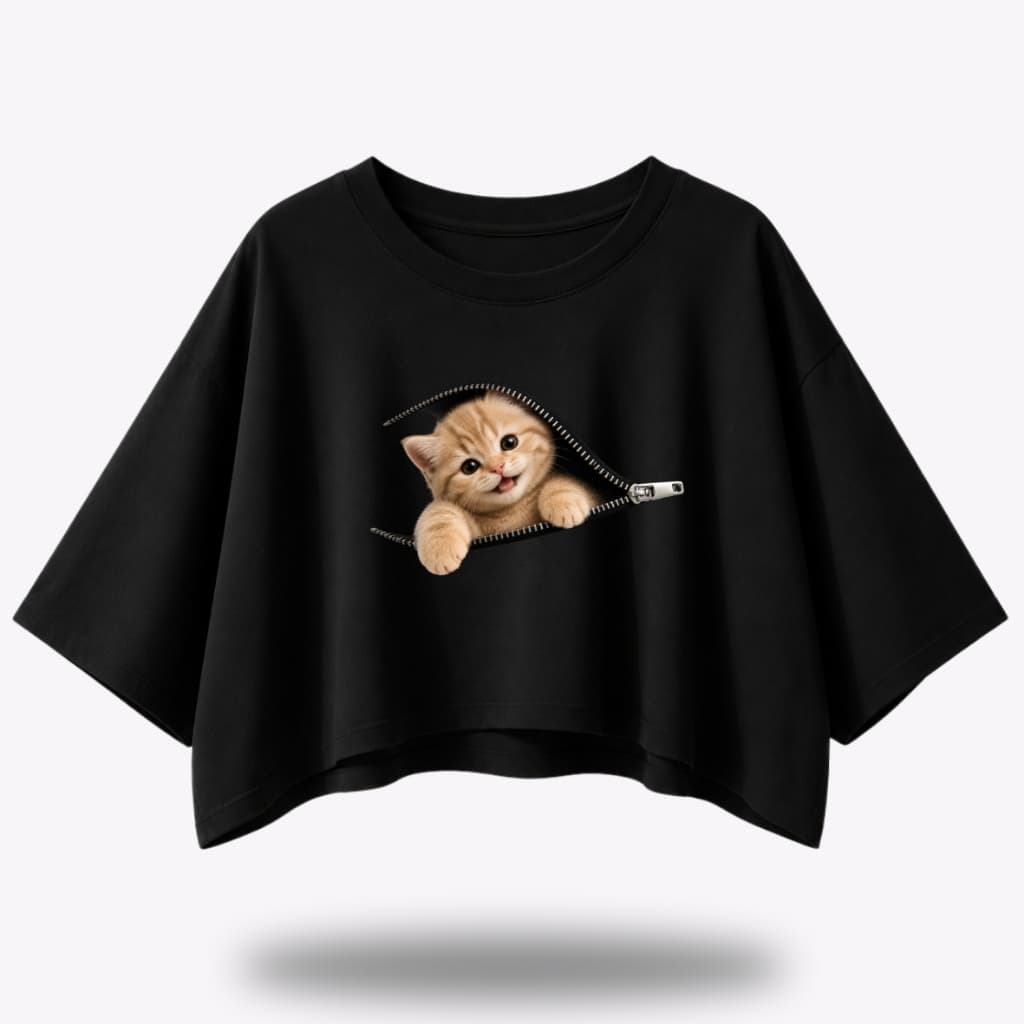 Cropped Feminino Oversized Estampado Gato Gatinho Camiseta Feminina T-shirt Moda Feminina Para Mulheres
