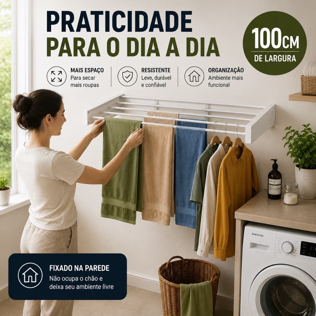 Varal de Parede Retrátil Dobrável Alumínio 100cm Compacto para Roupas Lavanderia Apartamento Área de Serviço