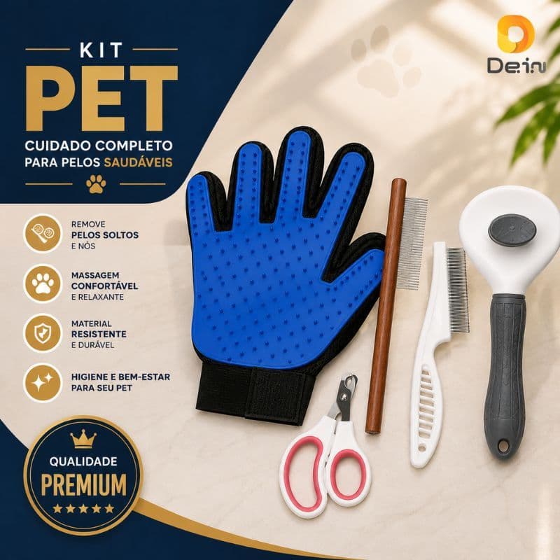 Kit Pet 5 Peças Higiene Cachorro Gato Escova Rasqueadeira Luva Tira Pelos Cortador Unha Pentes