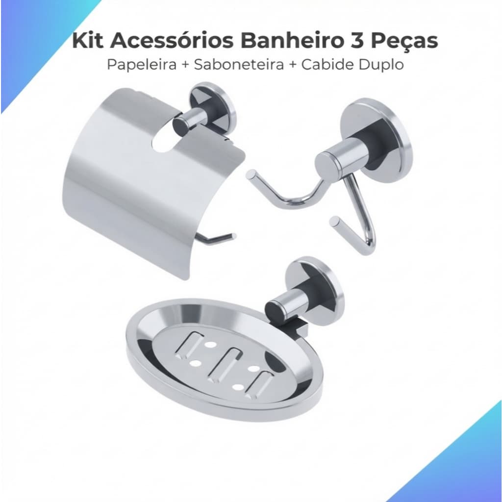 KIT BANHEIRO 3 PEÇAS AÇO INOX Porta Papel Higiênico c/ Proteção + Saboneteira + Cabide Duplo