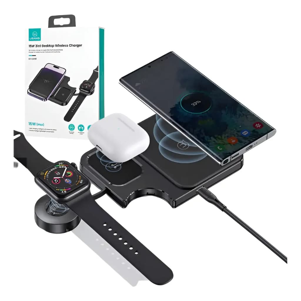 Carregador por Indução 3 em 1 de Mesa 15W para Celular Relógio e Fone