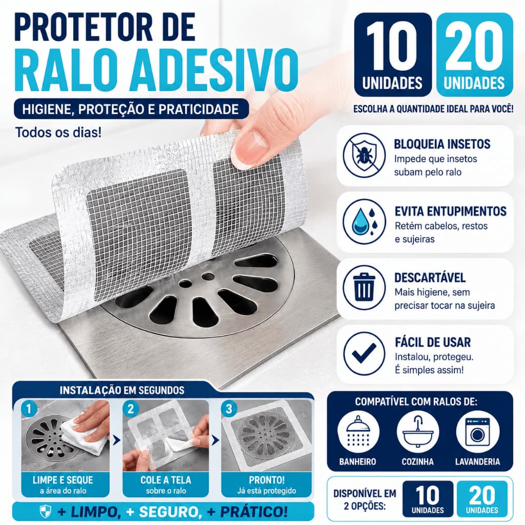 Protetor de Ralo Adesivo Universal Tela Anti Insetos Filtro Cabelos Sujeira Banheiro 10 ou 20 Unidades