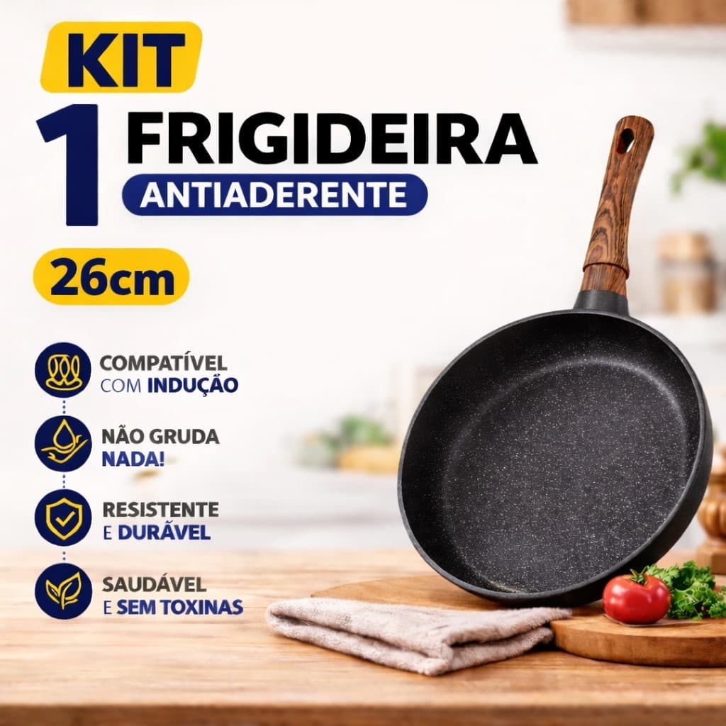 Frigideira Indução 26cm  Branca e Preta Cerâmica Cabo Madeira Cozinha Frita Sem Óleo