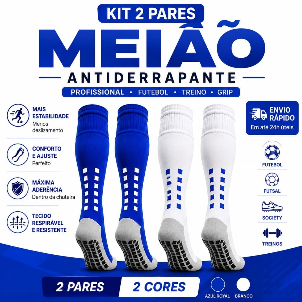 Kit 2 Meião De Futebol Futsal e Society Antiderrapante Cano Alto de Alta Qualidade