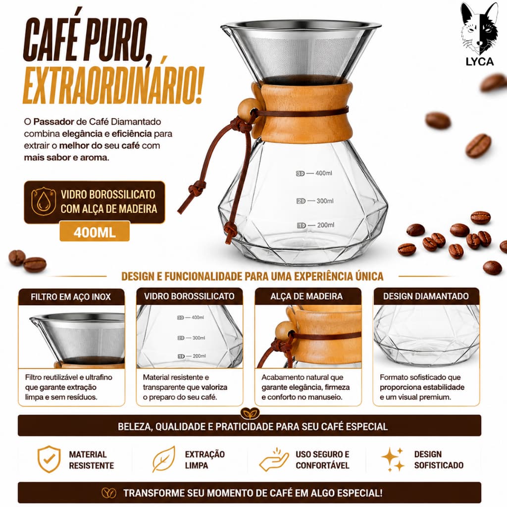 Passador de Café de Vidro Diamantado Borossilicato 400ml com Alça de Madeira - Elegante e Durável para Café Coado