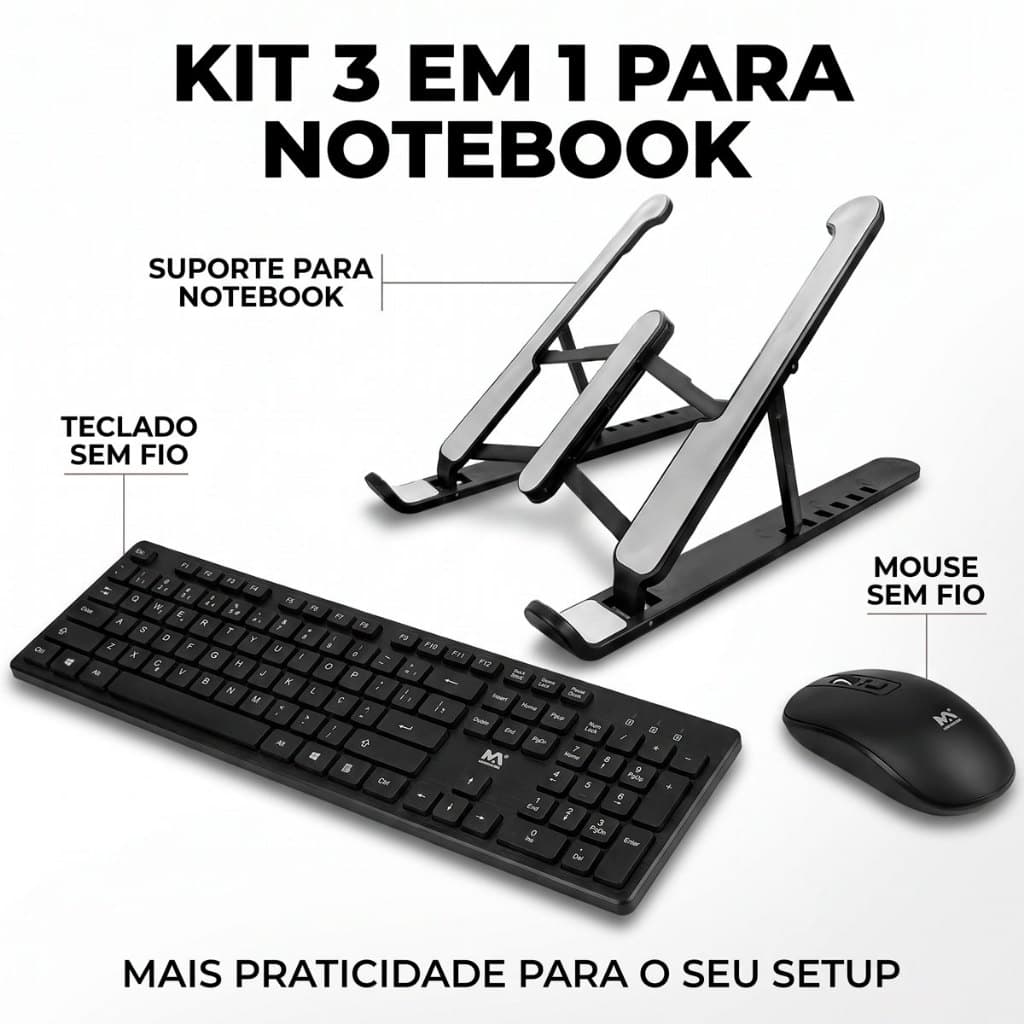 Teclado e Mouse Sem Fio Wireless 104 Teclas 1600dpi Com Suporte Base Para Notebook