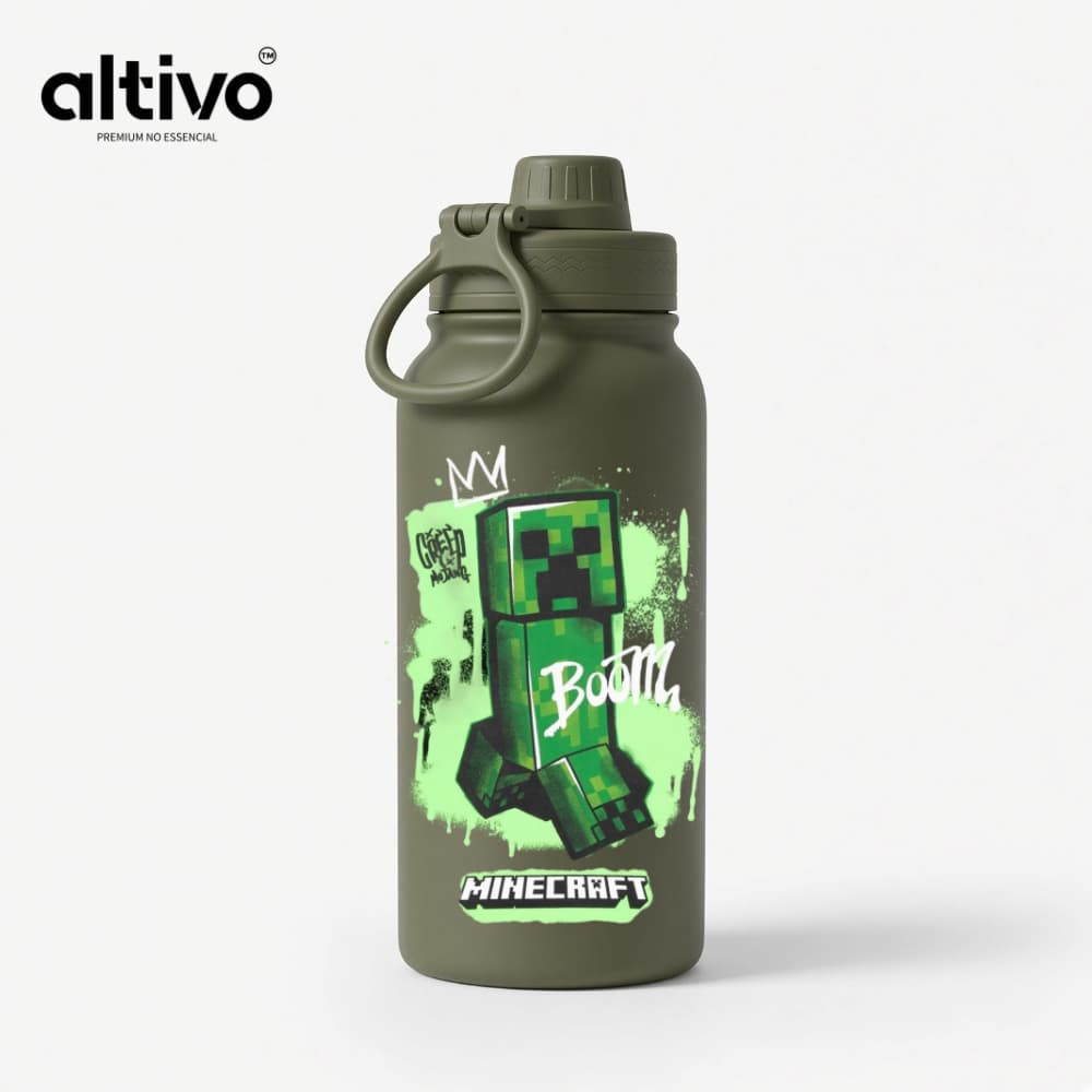 Garrafa Térmica Infantil Creeper Minecraft 600ML com Tampa Rosqueável e Alça em Aço Inoxidável